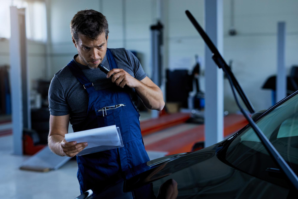 Technician diagnosing vehicle issue in auto repair workshop