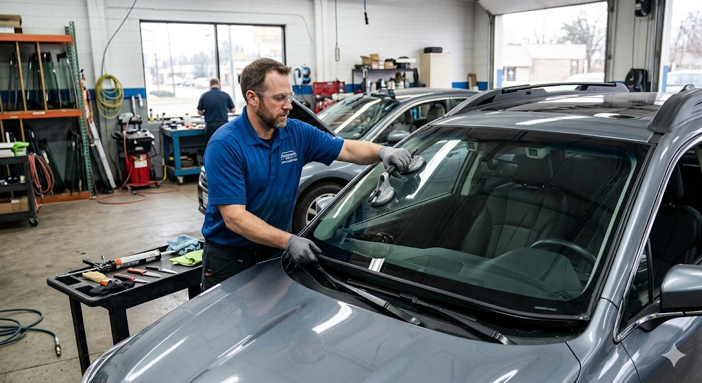 Cracked windshield being replace with a new one by a professional